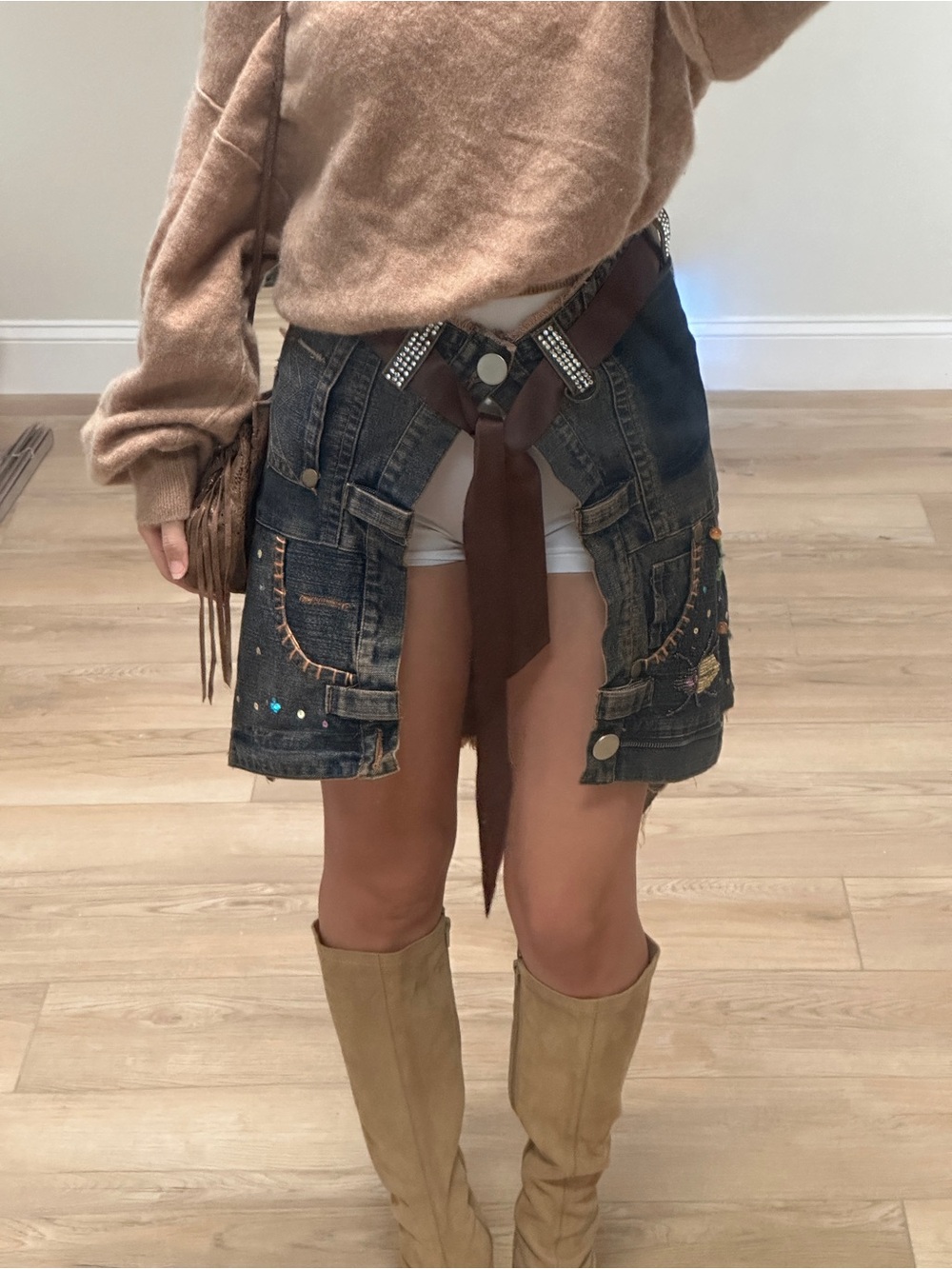 Ariella Dark Denim Mini Skirt with Brown Sash